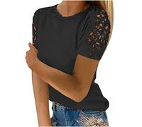 Maglietta estiva da donna in pizzo, a maniche corte, alla moda, tinta unita, con cuciture in pizzo, girocollo, comoda, maglietta basic elegante