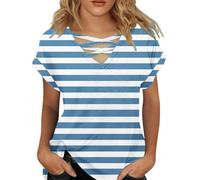 Maglietta estiva da donna, oversize, con maniche ad ali, a righe, a maniche corte, con scollo a V, casual, per il sonno, Y2K, Celeste., S