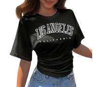 Maglietta estiva da donna, Y2k, top Los Angeles, camicetta a maniche lunghe, elegante, per il tempo libero, estiva, casual, a maniche corte, O nero., XXXL