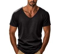 Maglietta estiva da uomo in cotone, leggera e ariosa, con scollo a V, per il tempo libero, non necessita di stiratura, a maniche corte, ad asciugatura rapida, oversize, casual, in lino, Nero , L