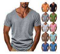 Maglietta estiva da uomo in cotone, leggera e ariosa, con scollo a V, per il tempo libero, non necessita di stiratura, a maniche corte, ad asciugatura rapida, oversize, casual, in lino, grigio., S
