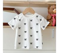 Maglietta estiva dalla vestibilità casual e minimale, adatta per ragazze giovani, con stampa a pois e fiocco, dal collo tondo e maniche corte 6Y,7Y,4Y,5YAnimale,Fumetto,PianteTessuto