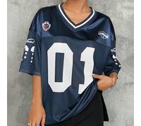 Maglietta estiva e autunnale oversize da donna, stile sportivo e casual da campus, con stampa colorblock "Lucky Number 01 & California" , scollo a V, maniche corte 0XL,1XL,2XL,3XL,4XL,5XLBlocchi di co