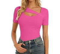 Maglietta estiva estiva a maniche corte con orlo asimmetrico, aderente, basic top casual da indossare tutti i giorni, rosa intenso, XL