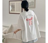 Maglietta estiva oversize da donna con fiocco, stampa a lettere, girocollo e spalle scoperte, maglietta carina, outfit da insegnante L,M,S,XLBlocchi di colore,LettereTessuto in maglia