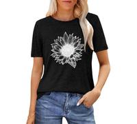 Maglietta floreale da donna, girocollo con girasole, a maniche corte, top estivo sciolto, da lavoro e da indossare tutti i giorni, Nero , S