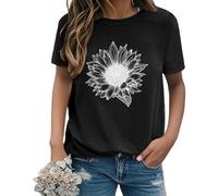 Maglietta floreale da donna | T-shirt girocollo con stampa girasole a maniche corte - Top estivo casual abbigliamento di base da indossare tutti i giorni, Nero , L
