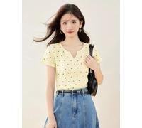 Maglietta Gialla Estiva A Pois Scollo Sagomato Look Giovane Romantico CF49458