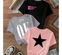 Maglietta girocollo a maniche corte con stampa tropicale per ragazze adolescenti, top estivo 8Y,9Y,10Y,14Y,11Y,12Y,13Y,16Y,15YGeometrico,Lettere,sloganPoliestere