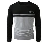 Maglietta girocollo a maniche corte da uomo, a blocchi di colore nero e grigio, con pannelli a righe a contrasto, ricamo semplice di una lettera sul petto sinistro, tessuto morbido e elasticizzato, ve