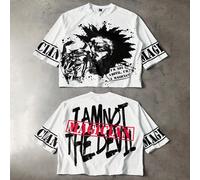 Maglietta girocollo bianca a maniche corte con grafica oversize e stampa a volto di mago strana e scura, stile di strada giovanile, pezzo unico e originale, idea regalo perfetta per fidanzati o mariti