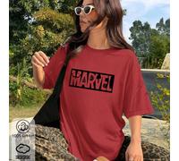 Maglietta girocollo da donna in cotone con marchio Marvel, stampa del logo classico Marvel Heroes Assemble, top versatili da donna per la primavera/estate, maglia a maniche corte rossa da donna morbid