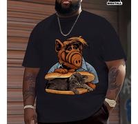 Maglietta grafica con sfondo nero, motivo del gatto ALF e hamburger, stile vintage classico americano, cool e vintage, a maniche corte, adatta per l'estate, taglie comode e grandi 1XL,2XL,3XL,4XL,5XL,