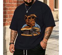 Maglietta grafica con sfondo nero, motivo di gatto ALF e hamburger, stile vintage classico americano, cool e vintage, a maniche corte, adatta per l'estate e lo sport, taglie comode e grandi 1XL,2XL,3X
