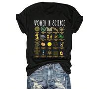 Maglietta grafica "Donne nella scienza" - Maglietta casual a maniche corte con scollo rotondo e stampa di icone scientifiche, colore scuro, perfetta per abbigliamento casual o per gli appassionati di 