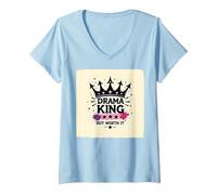 Maglietta Grafica Drama King But Worth It Crown Maglietta con Collo a V, Donna, Celeste, S