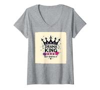 Maglietta Grafica Drama King But Worth It Crown Maglietta con Collo a V, Donna, Grigio Melange, S