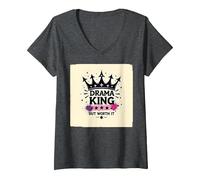 Maglietta Grafica Drama King But Worth It Crown Maglietta con Collo a V, Donna, Grigio Scuro, S