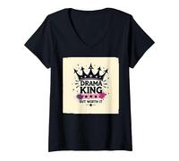 Maglietta Grafica Drama King But Worth It Crown Maglietta con Collo a V, Donna, Nero, S