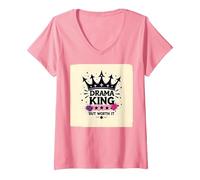 Maglietta Grafica Drama King But Worth It Crown Maglietta con Collo a V, Donna, Rosa, S