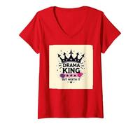 Maglietta Grafica Drama King But Worth It Crown Maglietta con Collo a V, Donna, Rosso, S