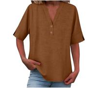 Maglietta Henley da donna con maniche a 3/4, colore marrone, scollo a V, con colletto a rientrante, per il tempo libero, a maniche lunghe, estiva, leggera e traspirante, per il tempo libero, caffè