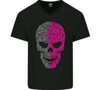 Maglietta In Cotone A V Per Uomo Con Motivo Teschio Rosa E Grigio Goth Biker