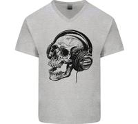 Maglietta In Cotone A V Per Uomo Con Testa Di Teschio E Musica Rock Gotica DJ