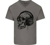 Maglietta In Cotone A V Per Uomo Con Testa Di Teschio E Musica Rock Gotica DJ
