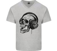 Maglietta In Cotone A V Per Uomo Con Testa Di Teschio E Musica Rock Gotica DJ