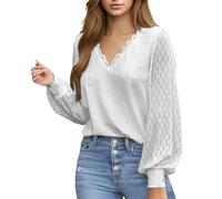 Maglietta in cotone da donna traforata, a maniche lunghe, con scollo a V, elegante, elegante, stile casual, casual, tinta unita, per feste e feste quotidiane