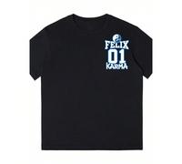 Maglietta in cotone nera 01 per KARMA, con testo blu e bianco, simbolo Yin Yang Bagua, stile streetwear, supporto idol, estetica hip-hop, jersey sportivo, design da concerto, merchandising commemorati