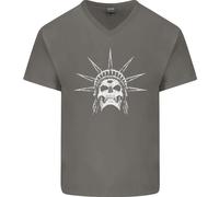 Maglietta In Cotone V-Neck Per Uomo Con Teschio Della Libertà USA Gotico Biker