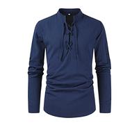 Maglietta in lino a maniche lunghe per uomo Activewear europeo e americano colletto alla coreana tinta unita maglietta a maniche lunghe per sport indoor outdoor vita quotidiana, Blu, 3XL