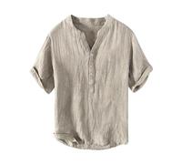 Maglietta in lino da uomo a maniche corte camicie da spiaggia con scollo a V T-shirt a mezzo bottone vestibilità ampia T-shirt casual vestibilità regolare camicia estiva a pieghe tinta unita camicie