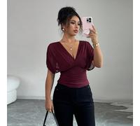 Maglietta in tessuto elastico con fodera in rete, elegante, adatta per le vacanze e il tempo libero, stile romantico francese, con spalle arricciate, maniche a sbuffo, vita arricciata e balze sul fond