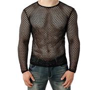 Maglietta intima da uomo in rete trasparente, slim fit, erotica, a maniche lunghe, sexy, da uomo, a rete, maglia, Nero , M