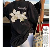 Maglietta larga da donna in stile minimalista e carino con motivo orchidea gioioso, 100% cotone traspirante a girocollo e maniche corte, stile Y2K soft girl, adatta per brunch, appuntamenti, vacanze e