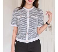 Maglietta lavorata a maglia a maniche corte con collo rotondo e motivo a spina di pesce color-block, adatta per l'estate L,M,S,XL,XXLZigzagTessuto in maglia