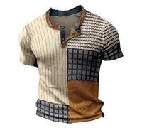 Maglietta leggera autunnale da uomo top da uomo con collo a maniche corte casual top a righe scozzese stampa denim occidentale maglietta top per interni ed esterni vita quotidiana, cachi, L