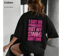 Maglietta lunga casual da donna in maglia con collo rotondo e spalle scese, stampa "I Got 99 Problems But My Swag Ain't One", stile street, morbida e comoda, top Y2K L,M,S,XL,XS,XXL,XXXLLettereTessuto