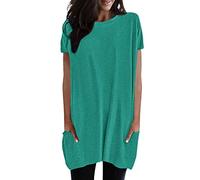 Maglietta lunga da donna, casual, per leggings, a maniche corte, estiva, oversize, scollo rotondo, con tasche, tinta unita, a tunica, casual, elegante felpa, verde, S
