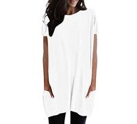 Maglietta lunga da donna, casual, per leggings, a maniche corte, estiva, oversize, scollo rotondo, con tasche, tinta unita, a tunica, casual, elegante felpa, bianco, XXL