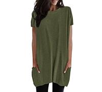 Maglietta lunga da donna, casual, per leggings, a maniche corte, estiva, oversize, scollo rotondo, con tasche, tinta unita, a tunica, casual, elegante felpa, verde militare, M