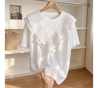 Maglietta lunga da donna con scollo tondo, spalle cadenti, decorazione in pizzo, stile minimalista e alla moda, taglie comode, regalo per un'amica 0XL,1XL,2XL,3XL,4XLGeometricoTessuto in maglia