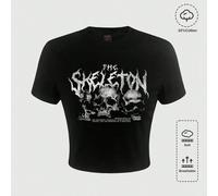 Maglietta manica corta con stampa di teschio e testo "ANIME SPEZZATE NELLO SCURO, TRACCE CHE SVANISCONO GRADUALMENTE, COME I RESTI DI UNO SCHELETRO", per la scuola L,M,S,XLHalloween,Lettere,sloganTess