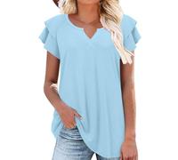 Maglietta Manica Corta Donna Scollo a V Cotone Colore Solido T Shirt Donna Estive Casual Base Classica Tee Shirt Top Manica Volant per la Primavera e L'Estate Leggera Confortevole e Traspirante