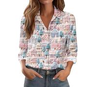 Maglietta natalizia a maniche lunghe, da donna, alla moda, casual, con bottoni stampati, a maniche lunghe, tuniche, per festival, regali di Natale quotidiani, rosa chiaro, M