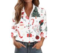 Maglietta natalizia a maniche lunghe, da donna, alla moda, casual, con bottoni stampati, a maniche lunghe, tuniche, per festival, regali di Natale quotidiani, bianco, XXL