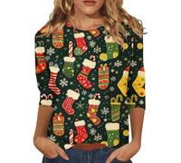 Maglietta natalizia a maniche lunghe da donna, girocollo, con stampa divertente, maniche a 3/4, camicetta, top autunnale, camicie natalizie da donna, Camicie Green-Christmas per Donna, M